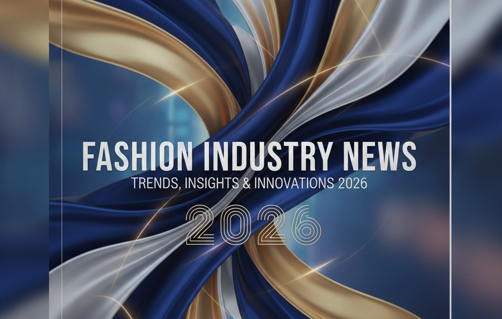 Abstract fashion industry graphic for 2026 featuring flowing blue, gold, and white fabrics with the text 'Fashion Industry News: Trends, Insights & Innovations 2026'.