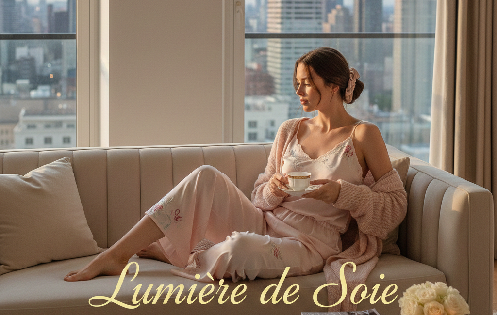 A woman in elegant silk pink loungewear sitting on a beige sofa in a high-rise luxury apartment overlooking a city skyline.