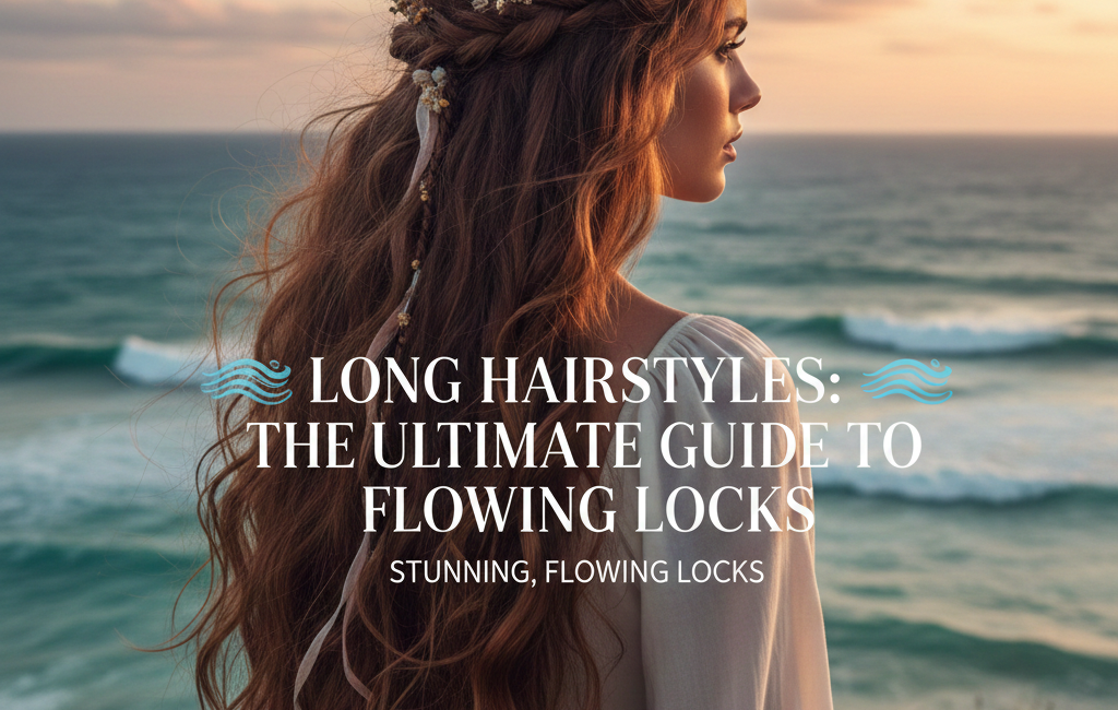 A woman with long, wavy brunette hair styled with a crown braid and delicate white flowers, looking out at the ocean at sunset with the title "Long Hairstyles: The Ultimate Guide to Flowing Locks" centered in white text.