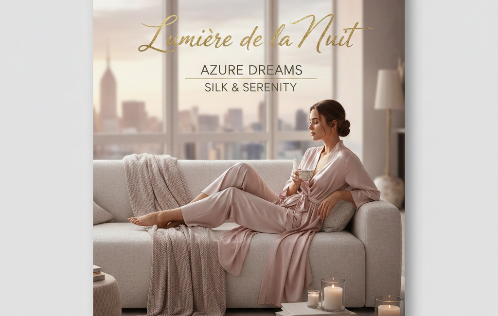An elegant woman in silk pink loungewear relaxing on a cream sofa in a high-rise apartment overlooking a city skyline.