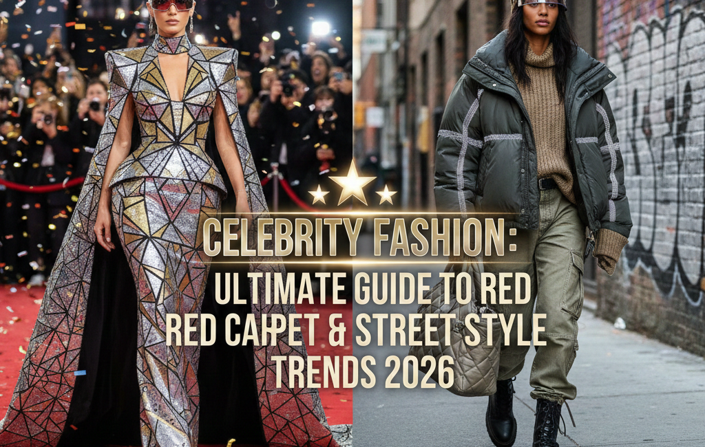 A split-screen comparison showing a celebrity in a geometric metallic gown on a red carpet and a model in high-fashion streetwear on a city sidewalk.