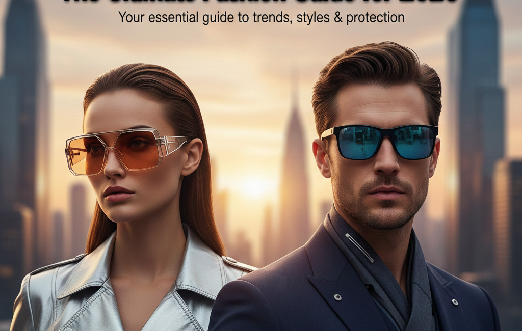 A futuristic fashion editorial featuring a man and woman wearing stylish sunglasses against a blurred cityscape at sunset, with bold 2026 trend guide text.
