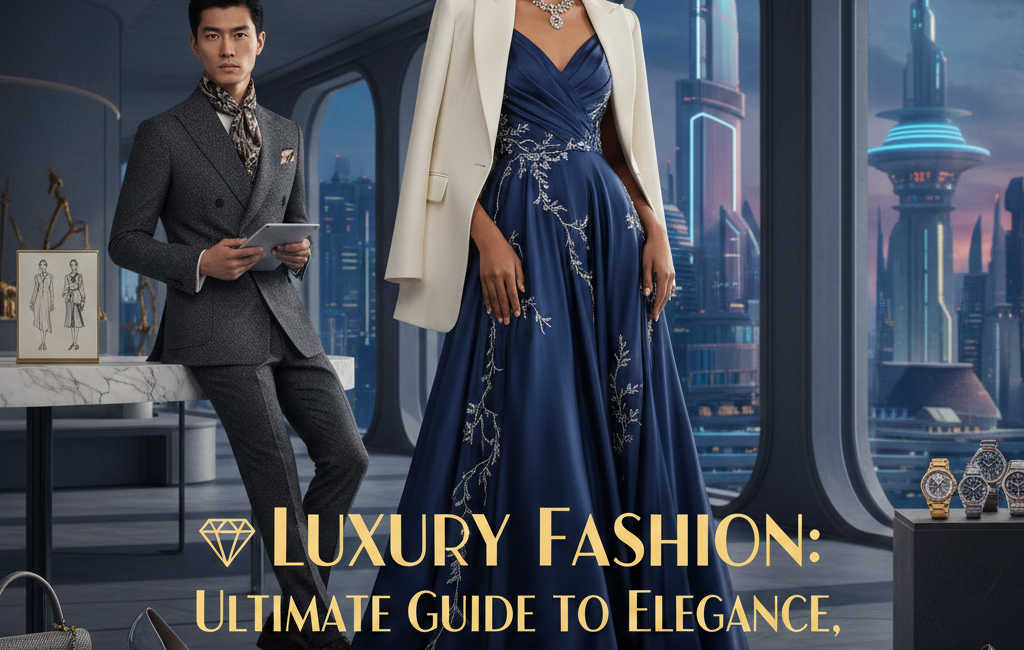 A high-end 2026 luxury fashion guide cover featuring a woman in a midnight blue embroidered gown and white blazer, and a man in a tailored charcoal suit, set against a futuristic skyline.