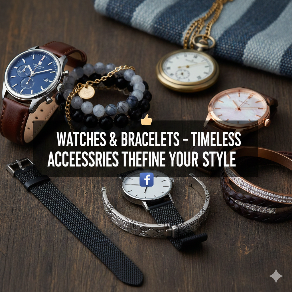 A collection of luxury wristwatches with leather and mesh straps, beaded bracelets, and a silver cuff arranged on a dark wooden surface with a Facebook post overlay.