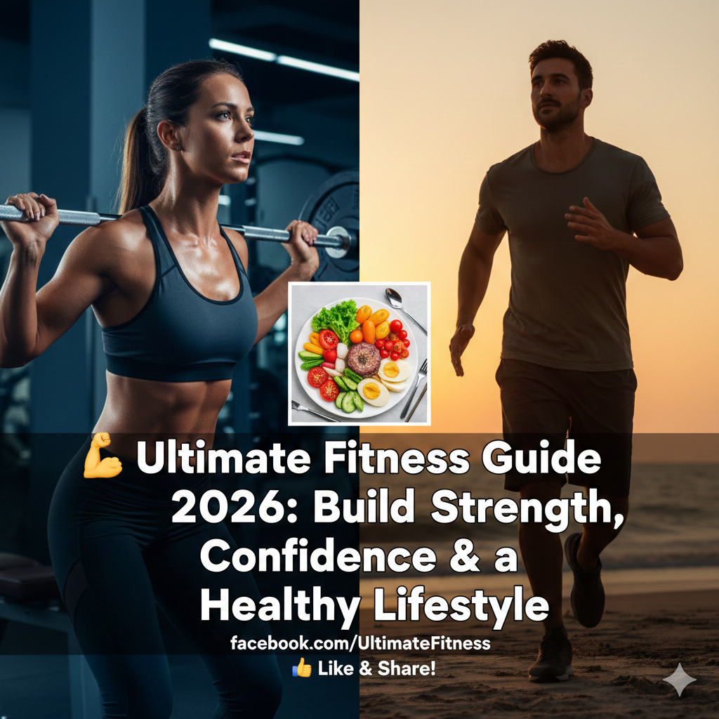 A split-screen fitness graphic featuring a woman performing a barbell squat in a gym on the left and a man running on a beach at sunset on the right. A small center inset shows a healthy meal plate, with the title "Ultimate Fitness Guide 2026" overlaid in the center.