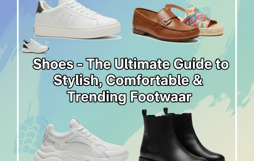 A professional Facebook post graphic featuring a collage of four shoe styles: white sneakers, brown leather loafers, colorful sandals, and black Chelsea boots against a blue and teal background with the central text "Shoes – The Ultimate Guide to Stylish, Comfortable & Trending Footwear."