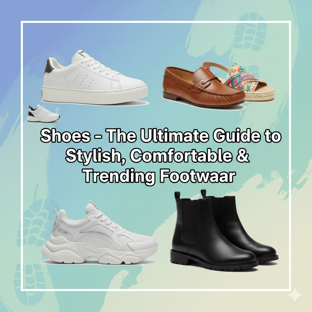 A professional Facebook post graphic featuring a collage of four shoe styles: white sneakers, brown leather loafers, colorful sandals, and black Chelsea boots against a blue and teal background with the central text "Shoes – The Ultimate Guide to Stylish, Comfortable & Trending Footwear."