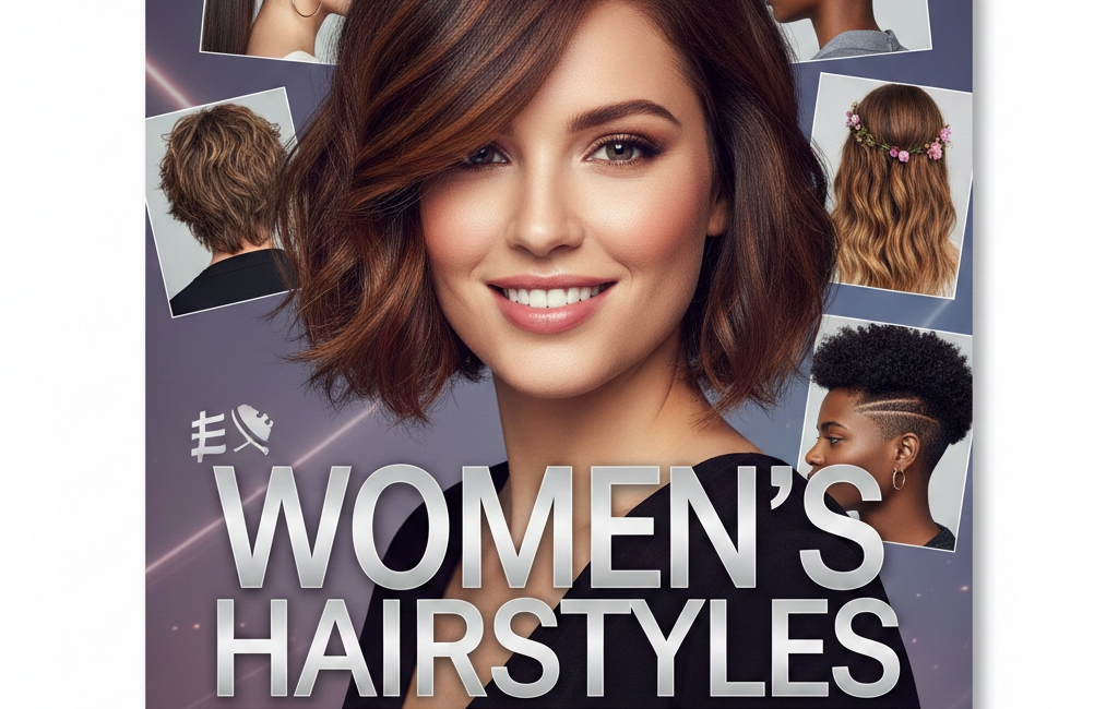 A modern magazine cover titled "Women's Hairstyles" featuring a woman with a chic mahogany bob and a collage of various hair trends for 2026, including braids, curls, and short fades.