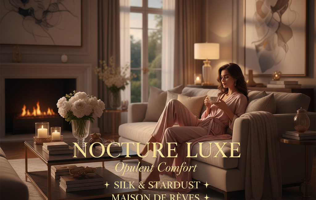 A sophisticated woman in pink silk loungewear relaxes on a cream sofa in a high-end living room with a fireplace and soft lighting. Gold text overlays display luxury brand names.