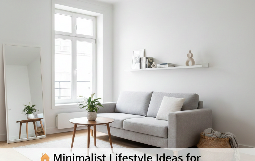 A bright, minimalist small living room with a light grey sofa, a wooden coffee table, and natural light, featuring a text overlay about simple and stylish living. A bright, minimalist small living room with a light grey sofa, a wooden coffee table, and natural light, featuring a text overlay about simple and stylish living.