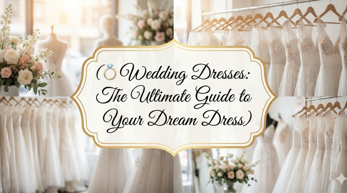 A collage of elegant lace wedding dresses in a bridal boutique featuring a central gold-framed badge that reads "Wedding Dresses: The Ultimate Guide to Your Dream Dress."