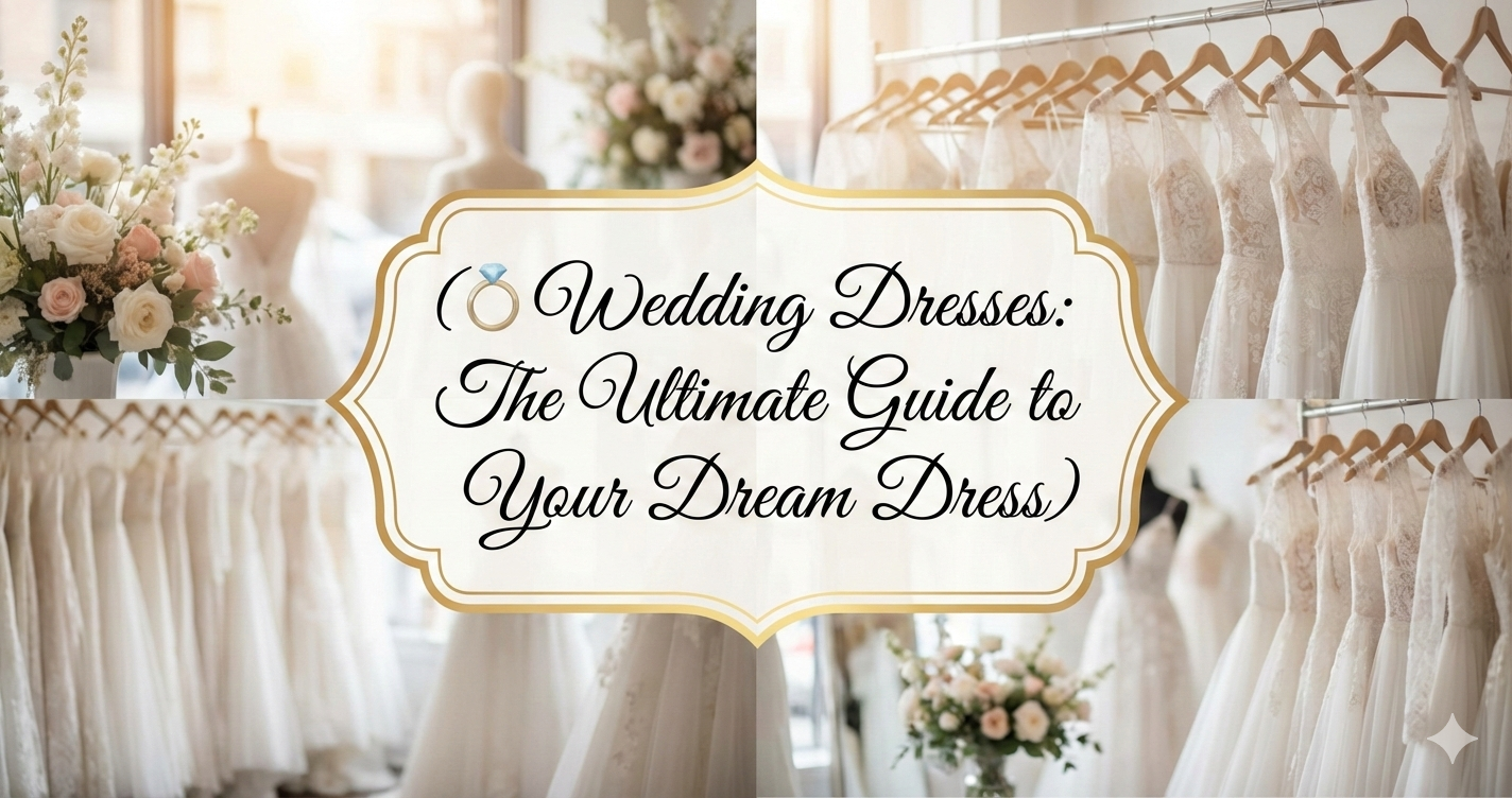 A collage of elegant lace wedding dresses in a bridal boutique featuring a central gold-framed badge that reads "Wedding Dresses: The Ultimate Guide to Your Dream Dress."