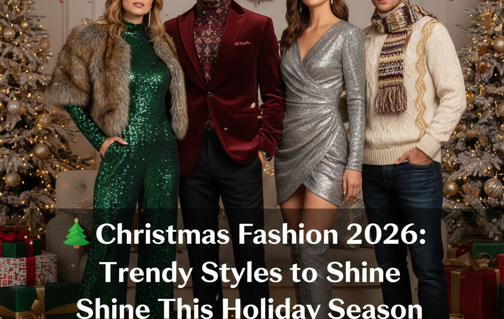 Four people wearing trendy 2026 Christmas outfits, including a green sequin jumpsuit, a burgundy velvet blazer, a silver wrap dress, and a cream cable-knit sweater, standing in a festive living room.