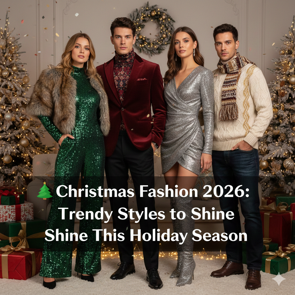 Four people wearing trendy 2026 Christmas outfits, including a green sequin jumpsuit, a burgundy velvet blazer, a silver wrap dress, and a cream cable-knit sweater, standing in a festive living room.