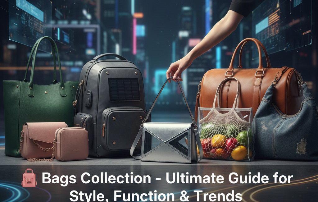 A diverse collection of modern bags for 2026 including a green tote, tech-integrated backpack, silver geometric clutch, and a leather duffel set against a futuristic neon city background.