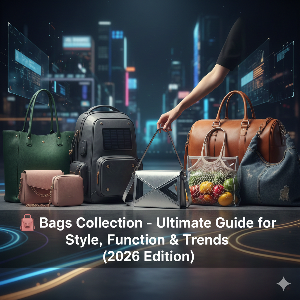 A diverse collection of modern bags for 2026 including a green tote, tech-integrated backpack, silver geometric clutch, and a leather duffel set against a futuristic neon city background.
