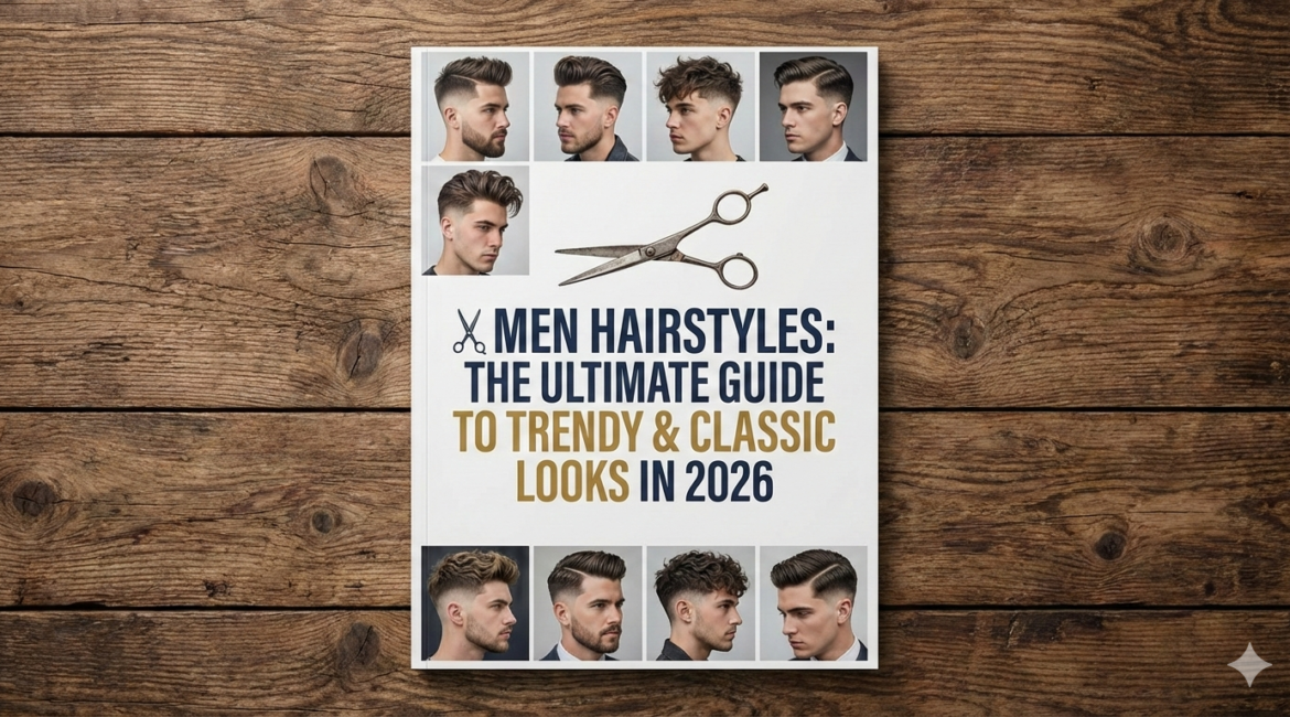 A professional guide cover titled "Men Hairstyles: The Ultimate Guide to Trendy & Classic Looks in 2026" featuring a grid of diverse male haircuts and a pair of barber scissors on a wooden background.