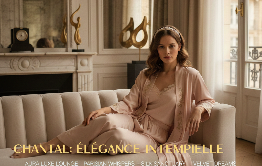 A woman in a silk blush-pink robe and pajama set sitting on a cream-colored velvet sofa in a Parisian-style luxury apartment.