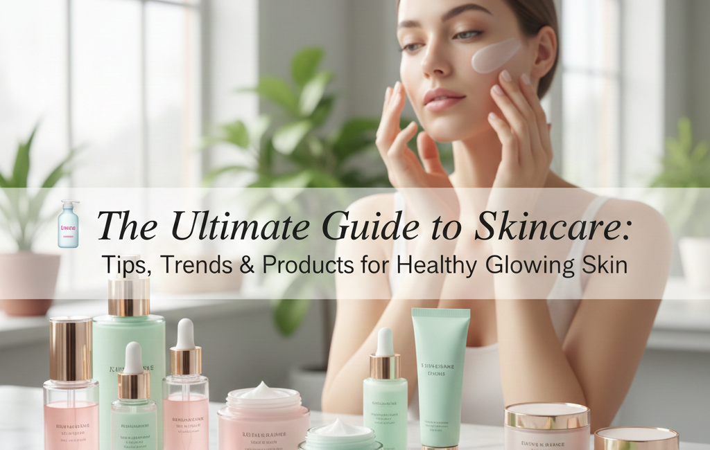 A clean, bright image featuring a woman applying cream to her face surrounded by luxury skincare products like serums, jars, and a jade roller. Centered text reads "The Ultimate Guide to Skincare: Tips, Trends & Products for Healthy Glowing Skin."