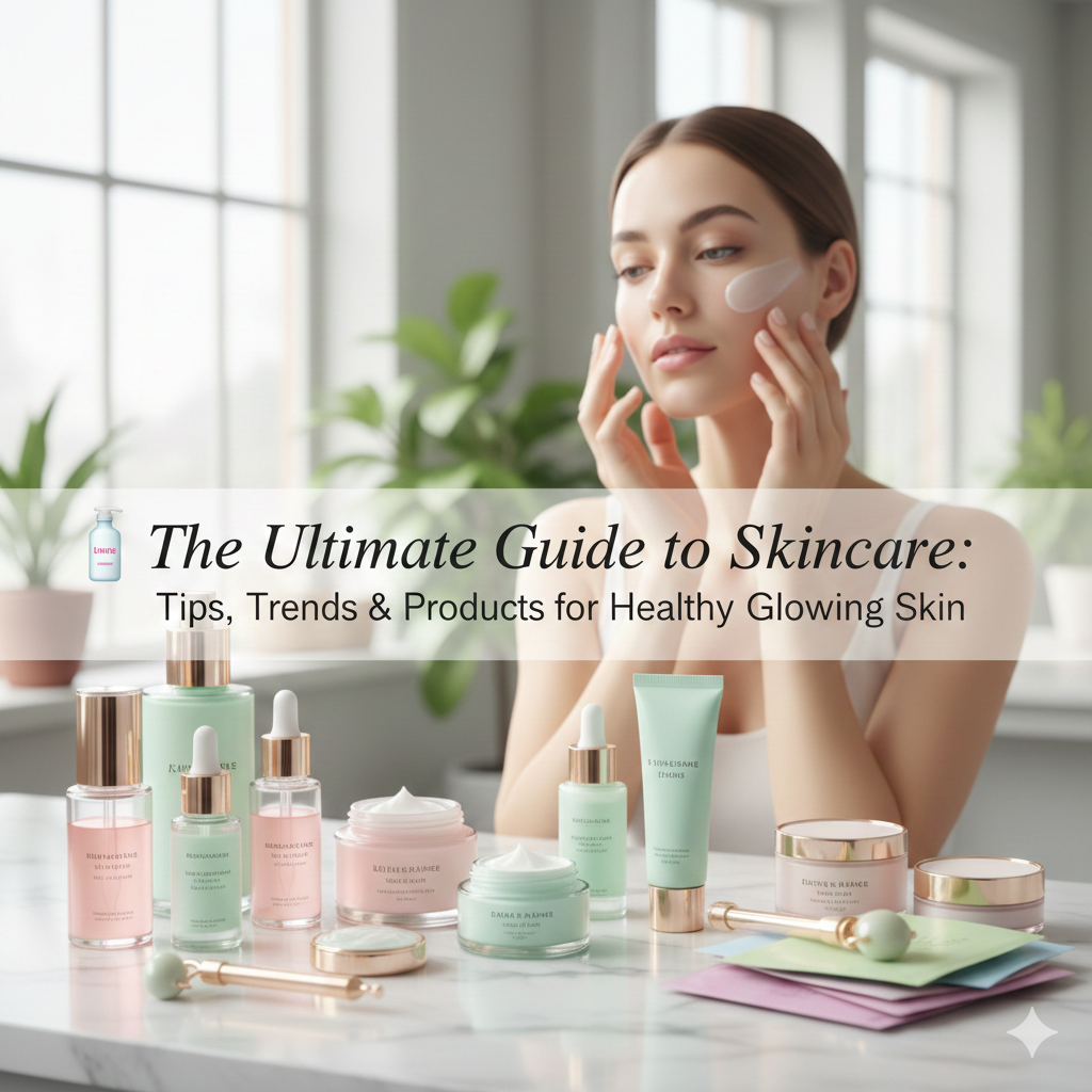 A clean, bright image featuring a woman applying cream to her face surrounded by luxury skincare products like serums, jars, and a jade roller. Centered text reads "The Ultimate Guide to Skincare: Tips, Trends & Products for Healthy Glowing Skin."