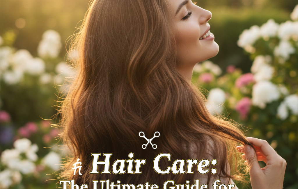 A smiling woman with long, healthy wavy brown hair in a sunlit garden, featuring the centered text "Hair Care: The Ultimate Guide for Healthy, Gorgeous Hair."