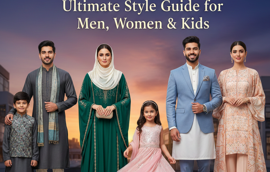 A diverse group of men, women, and children wearing elegant traditional and modern Eid outfits including kaftans, sherwanis, and dresses against a sunset backdrop.