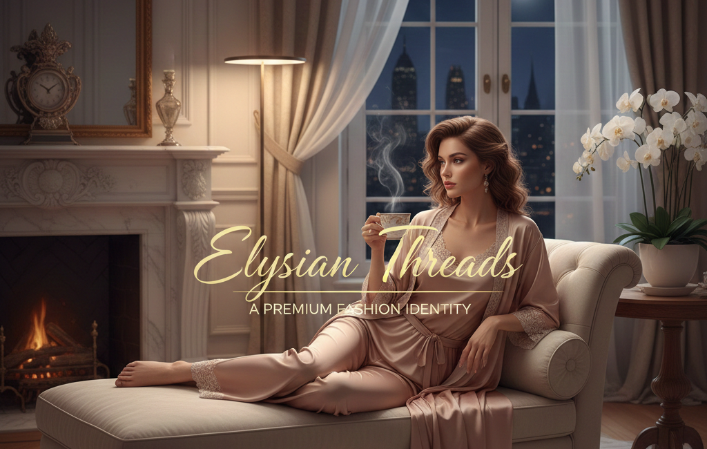 A woman in elegant silk rose-gold loungewear reclining on a cream chaise lounge in a luxury penthouse with a fireplace and city skyline view.