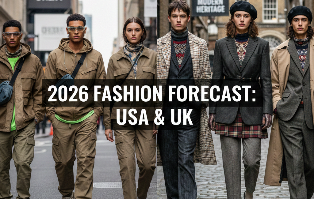 A split-screen fashion graphic showcasing 2026 trends; the left side features "Urban Utility" with models in tan cargo sets and hoodies, while the right side displays "Modern Heritage" with models in wool blazers, berets, and plaid skirts.