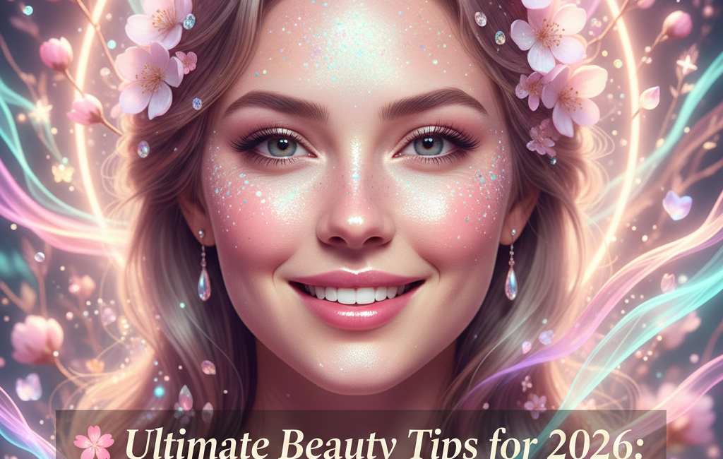 A glowing, ethereal portrait of a smiling woman with iridescent skin, surrounded by cherry blossoms and shimmering light trails, featuring the text 'Ultimate Beauty Tips for 2026: Glow Up Like Never Before'.