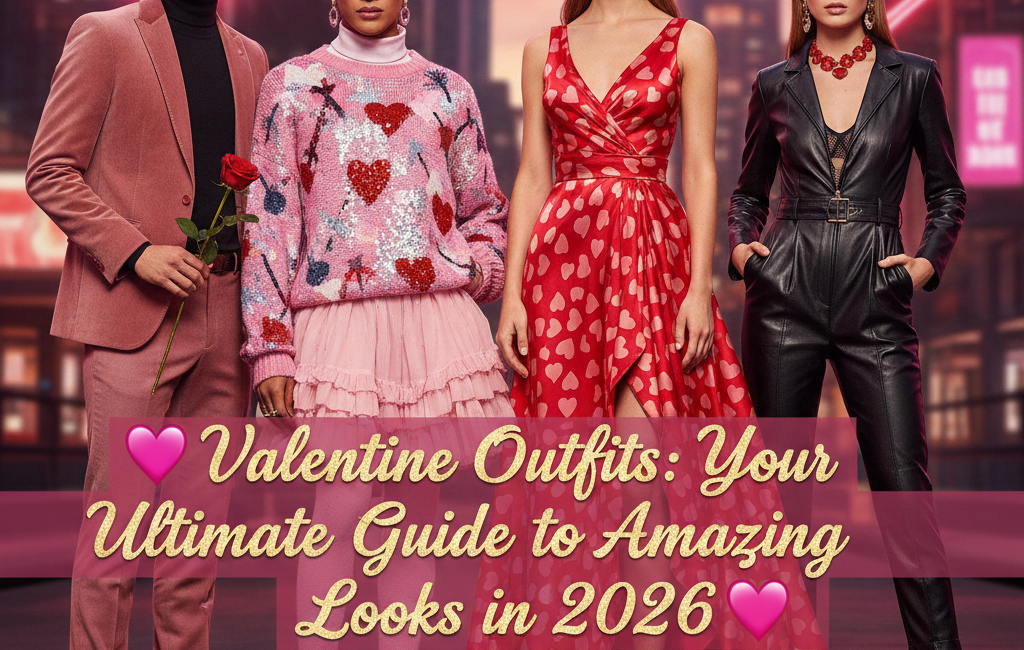 Four people showcasing diverse Valentine's Day 2026 fashion trends including a dusty rose suit, a sequined heart sweater, a red heart-patterned gown, and a sleek black leather jumpsuit against a city backdrop.