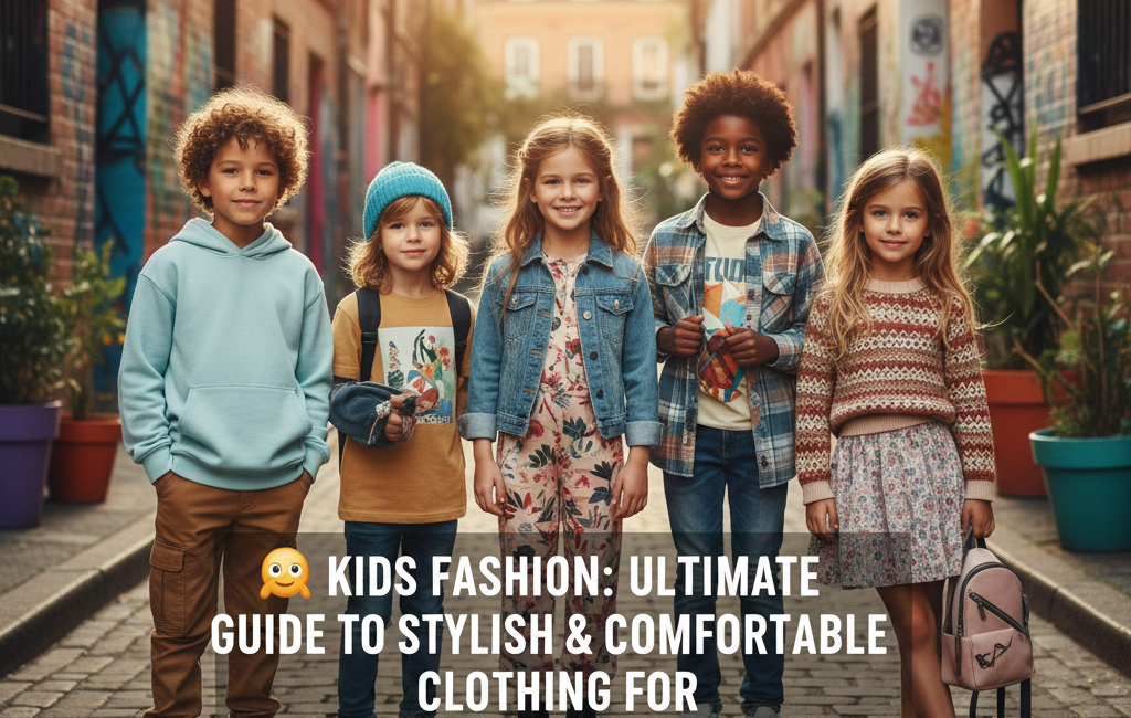 A group of five diverse children wearing trendy 2026 street fashion, including denim jackets, hoodies, and floral prints, standing in a sunny urban alleyway.