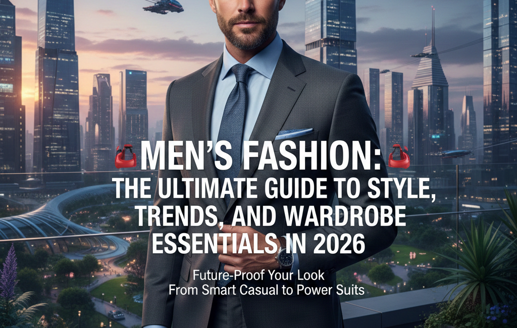 A sophisticated man in a charcoal tailored suit standing on a futuristic rooftop terrace at sunset, featuring the text "Men's Fashion: The Ultimate Guide to Style, Trends, and Wardrobe Essentials in 2026" centered over the image.