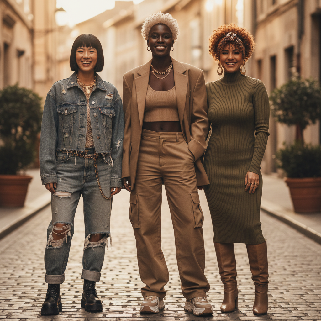 Feature image showing a diverse group of three women with trendy 2026 short hairstyles: a platinum blonde textured pixie, a sharp glossy dark bob, and a curly copper tapered cut. They are smiling, wearing trendy street style outfits, golden hour lighting, high fashion editorial style.