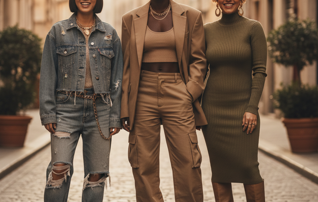 Feature image showing a diverse group of three women with trendy 2026 short hairstyles: a platinum blonde textured pixie, a sharp glossy dark bob, and a curly copper tapered cut. They are smiling, wearing trendy street style outfits, golden hour lighting, high fashion editorial style.