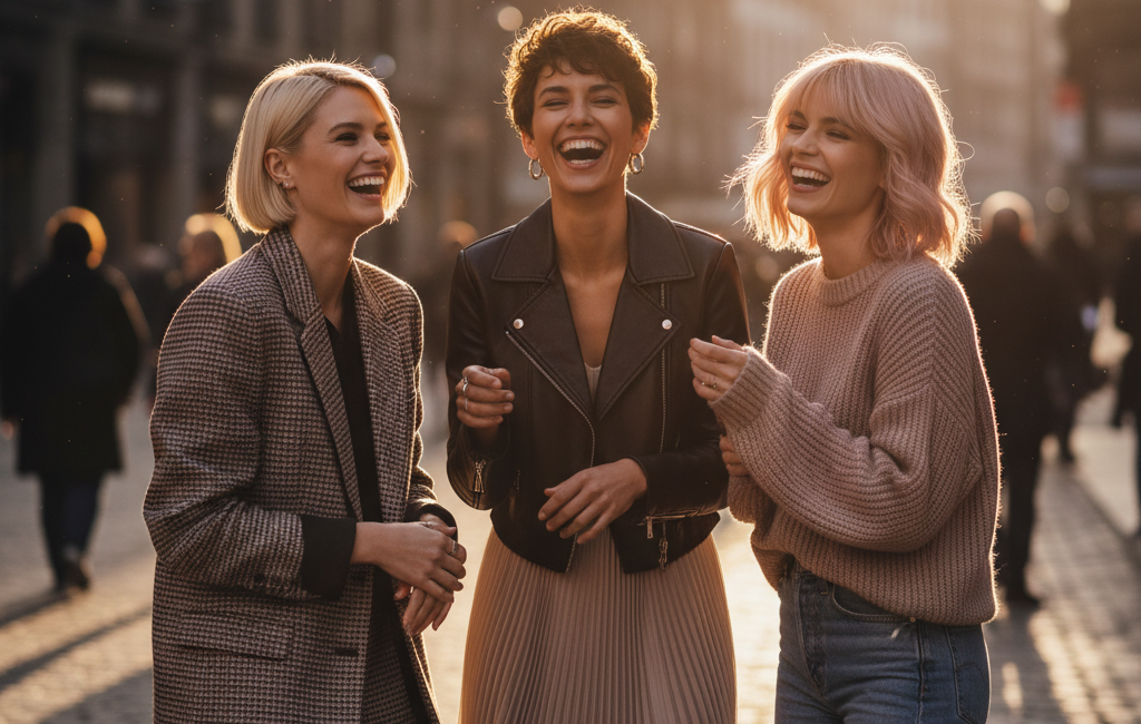 Feature image showing a diverse group of three stylish women with different trendy short hairstyles (blonde micro-bob, textured brunette pixie, pastel pink bixie) laughing on a city street, golden hour lighting, fashion editorial style 8k