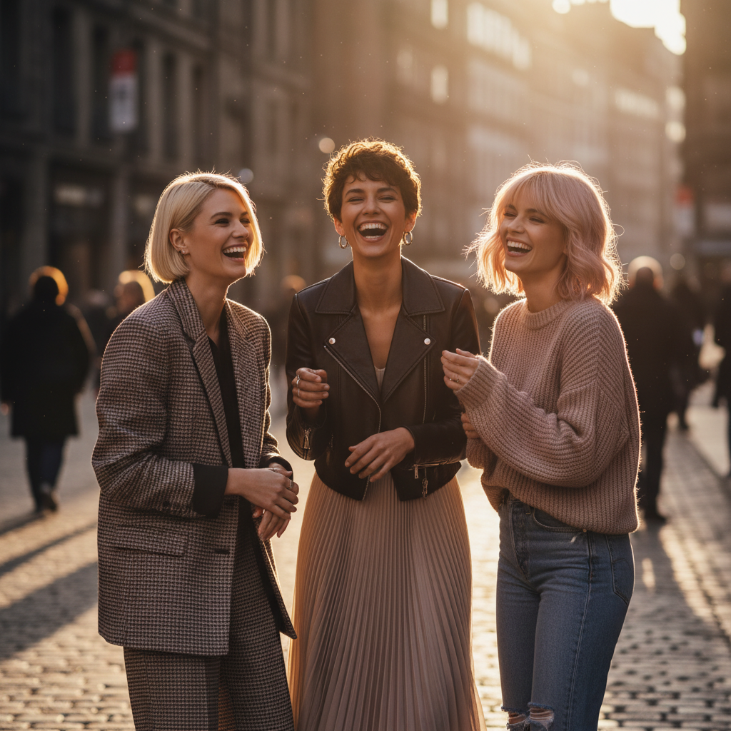 Feature image showing a diverse group of three stylish women with different trendy short hairstyles (blonde micro-bob, textured brunette pixie, pastel pink bixie) laughing on a city street, golden hour lighting, fashion editorial style 8k