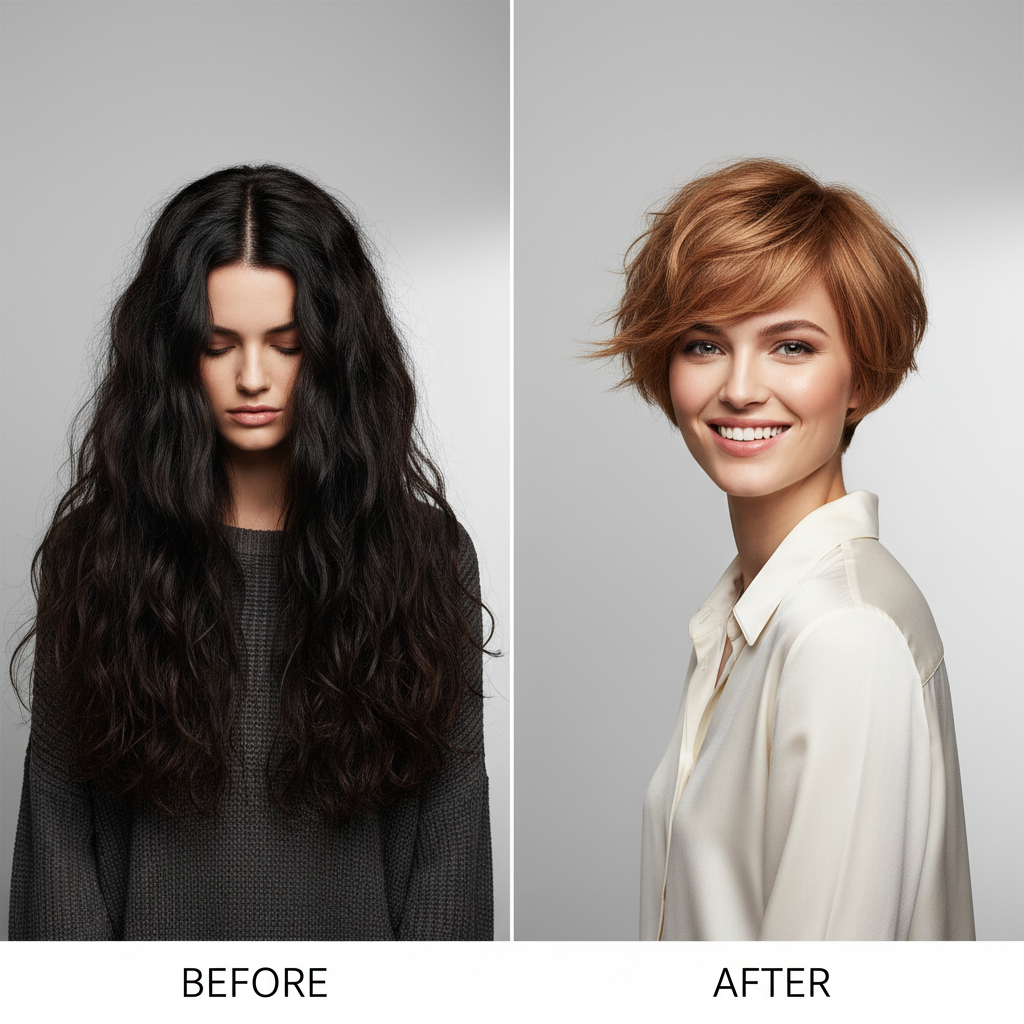A comparison split image. Left side: A woman with long, heavy hair looking weighed down. Right side: The same woman with a vibrant, airy bixie cut (bob-pixie hybrid), looking energetic and fresh. Studio lighting.