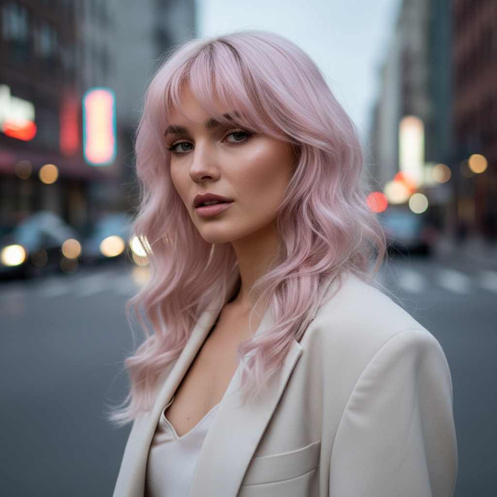 Close up of a woman with a 'Soft-Serve Mullet' (Shullet) hairstyle. Her hair is pastel pink with soft waves, framing her face with wispy curtain bangs. Background is a blurred city street.