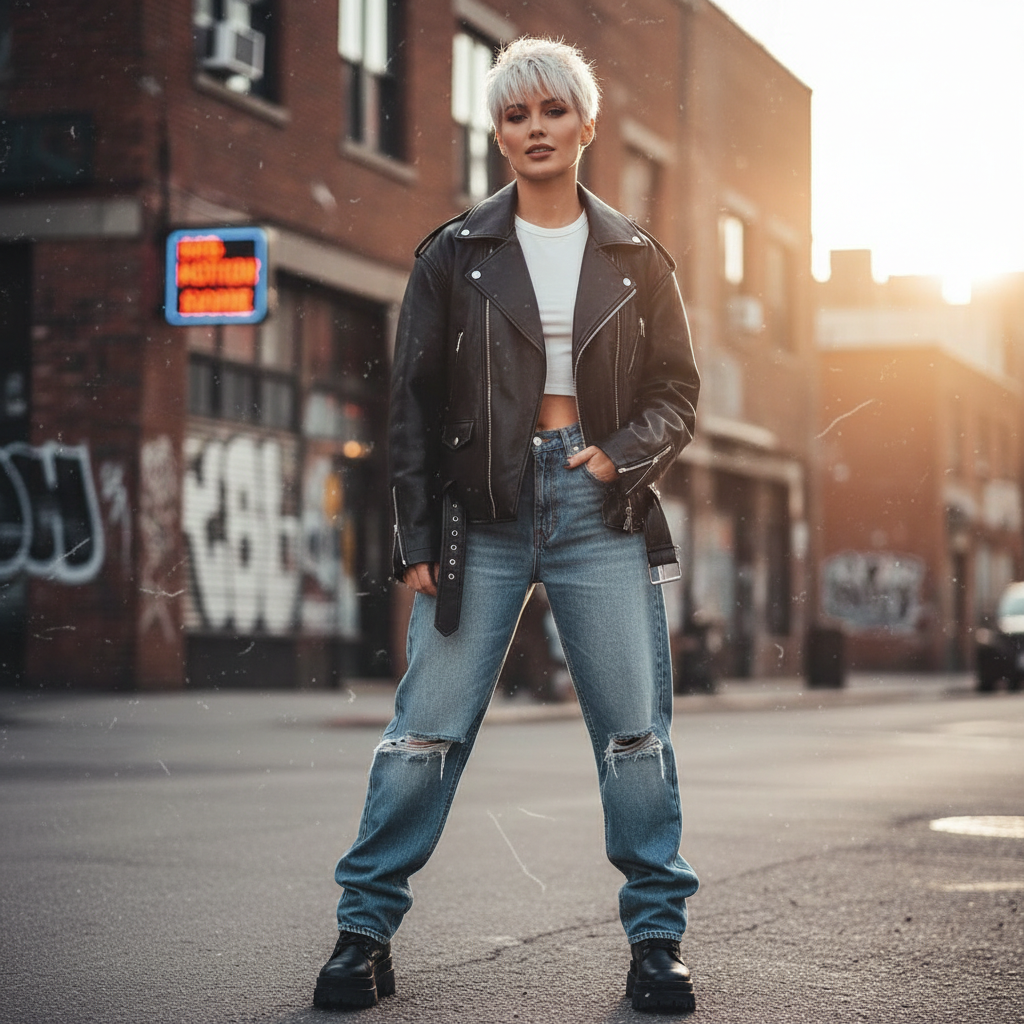 A woman with a platinum blonde textured pixie cut, soft wispy bangs, wearing a leather jacket, urban background, soft focus, trendy Instagram style
