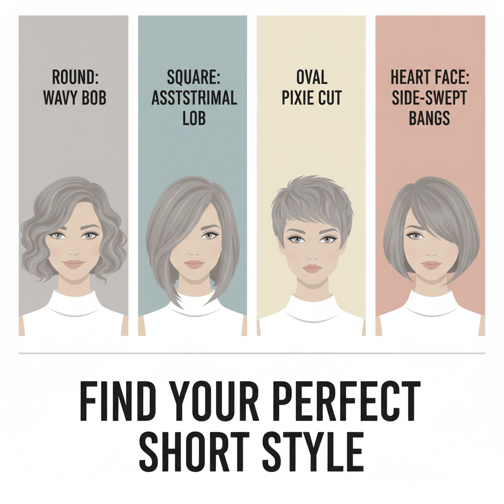 An infographic style illustration showing four different women with Round, Square, Oval, and Heart face shapes, each wearing the ideal short hairstyle recommended in the text. Minimalist vector art style.