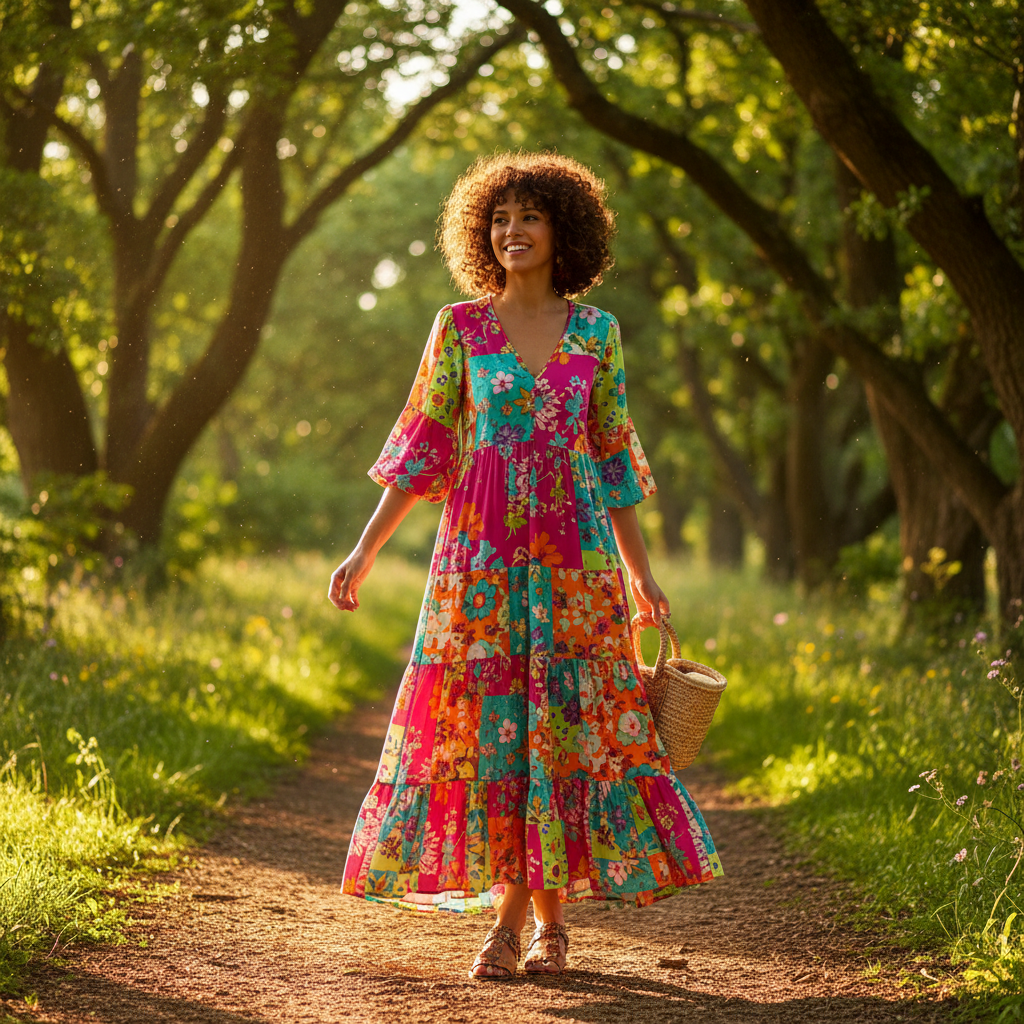 A woman with curly brown hair in a bixie cut (pixie-bob hybrid), voluminous and bouncy, wearing a colorful summer dress, sunlight filtering through trees