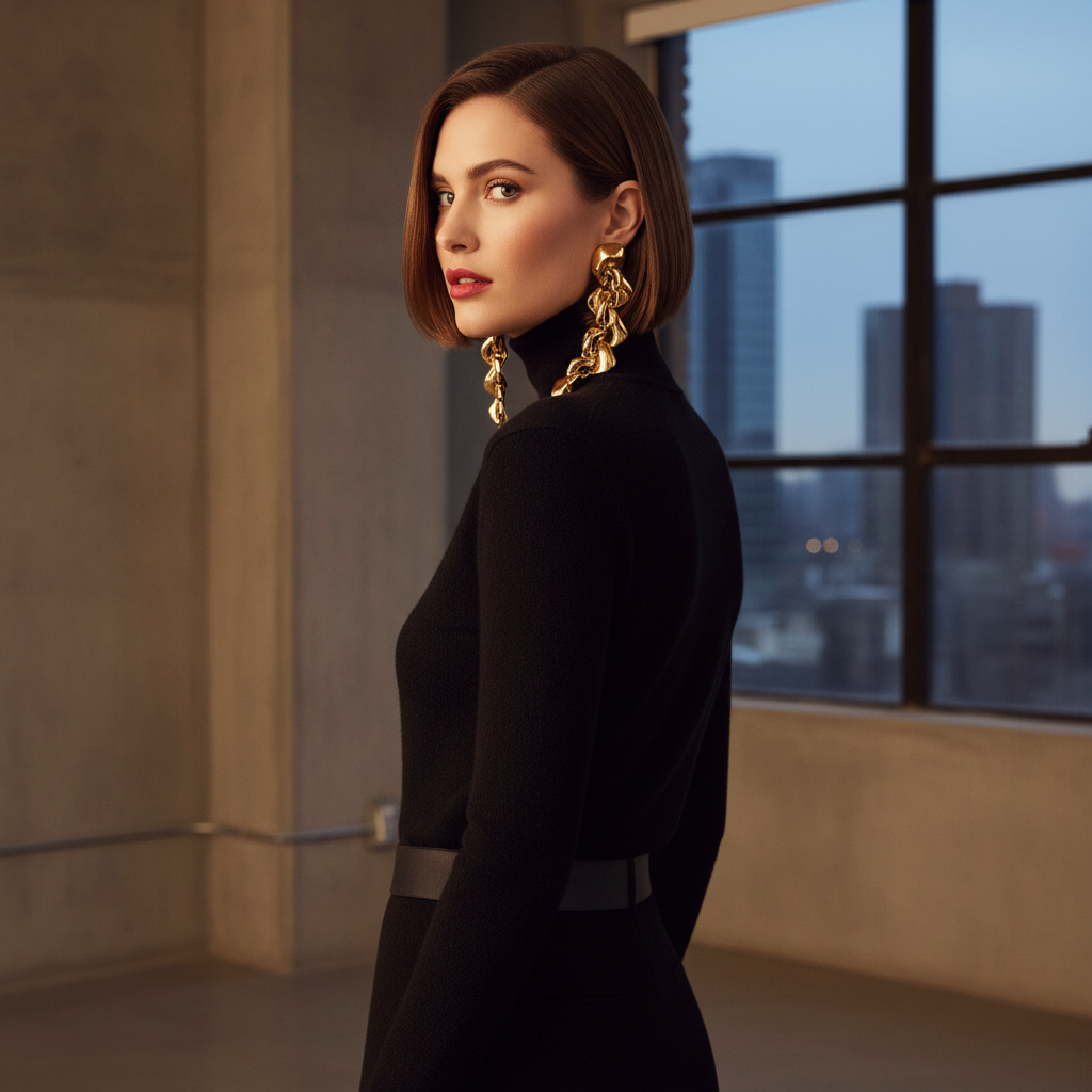 A fashion shot of a woman with a sleek short bob wearing a high-neck black turtleneck and massive gold statement earrings. She is looking over her shoulder. Chic, sophisticated atmosphere.