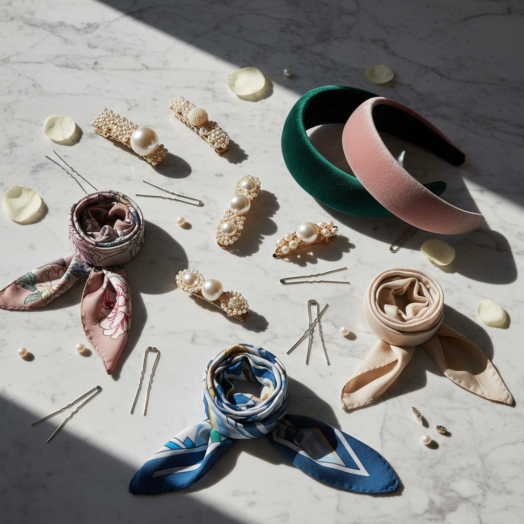 Flat lay of hair accessories on a marble surface: oversized pearl clips, velvet headbands, silk scarves, and silver bobby pins, aesthetic photography