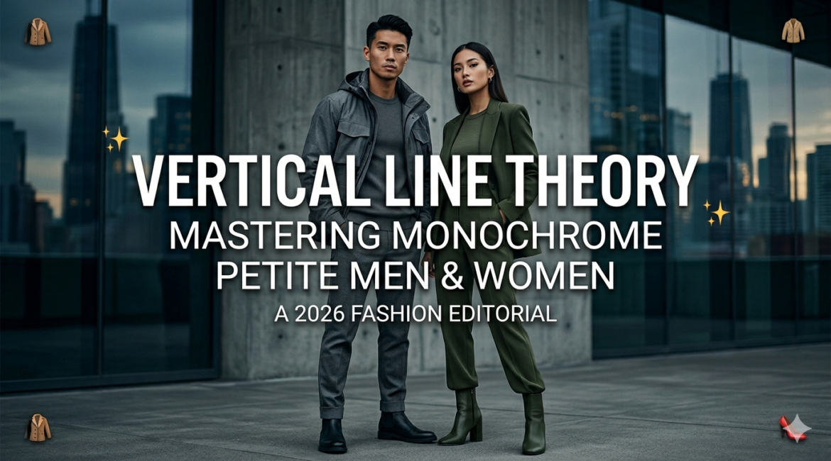 A petite man and woman standing back-to-back in high-fashion monochromatic urban streetwear, showcasing the Vertical Line Theory.