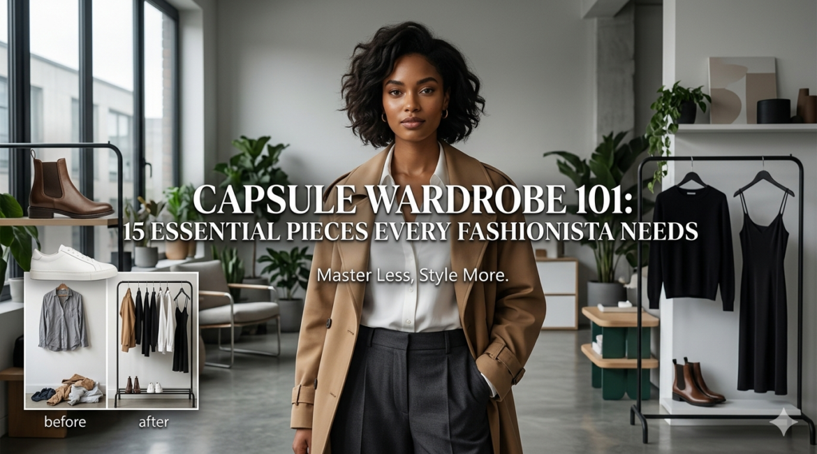 A flat lay of 15 essential fashion pieces including a trench coat, white shirt, and leather boots for a capsule wardrobe