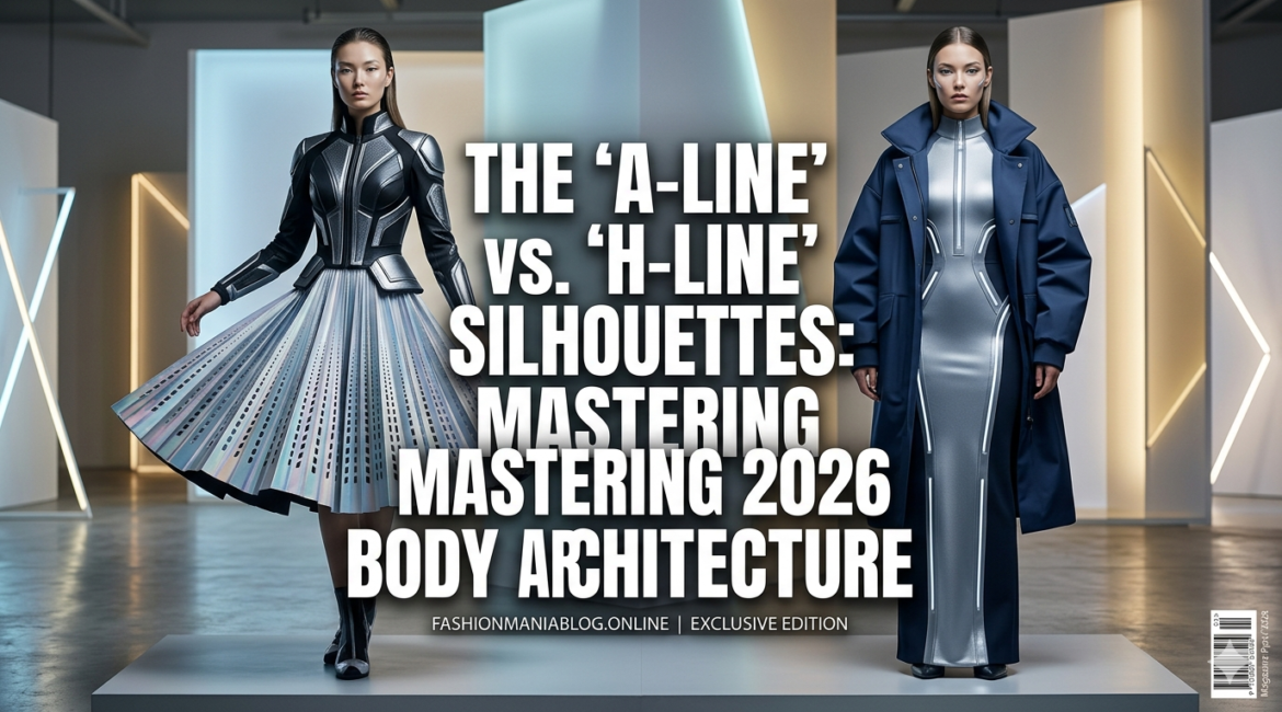 A futuristic magazine cover featuring two models in stylized garments illustrating the A-line and H-line silhouettes. The left model wears a flared A-line skirt and top, and the right model wears a straight H-line dress and coat. Text reads: "THE 'A-LINE' VS. 'H-LINE' SILHOUETTES: MASTERING 2026 BODY ARCHITECTURE