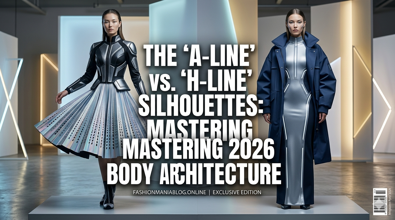 A futuristic magazine cover featuring two models in stylized garments illustrating the A-line and H-line silhouettes. The left model wears a flared A-line skirt and top, and the right model wears a straight H-line dress and coat. Text reads: "THE 'A-LINE' VS. 'H-LINE' SILHOUETTES: MASTERING 2026 BODY ARCHITECTURE