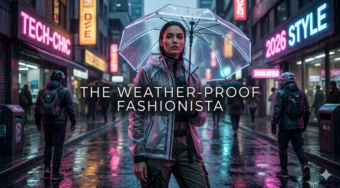 A woman in a cinematic 2026 fashion editorial wearing a translucent techwear trench coat and hybrid boots in a rainy urban setting.