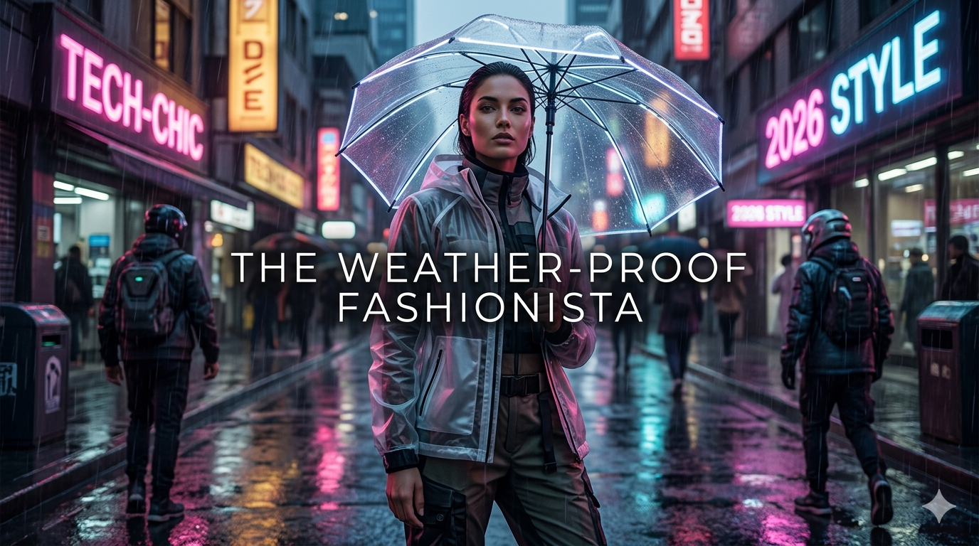 A woman in a cinematic 2026 fashion editorial wearing a translucent techwear trench coat and hybrid boots in a rainy urban setting.