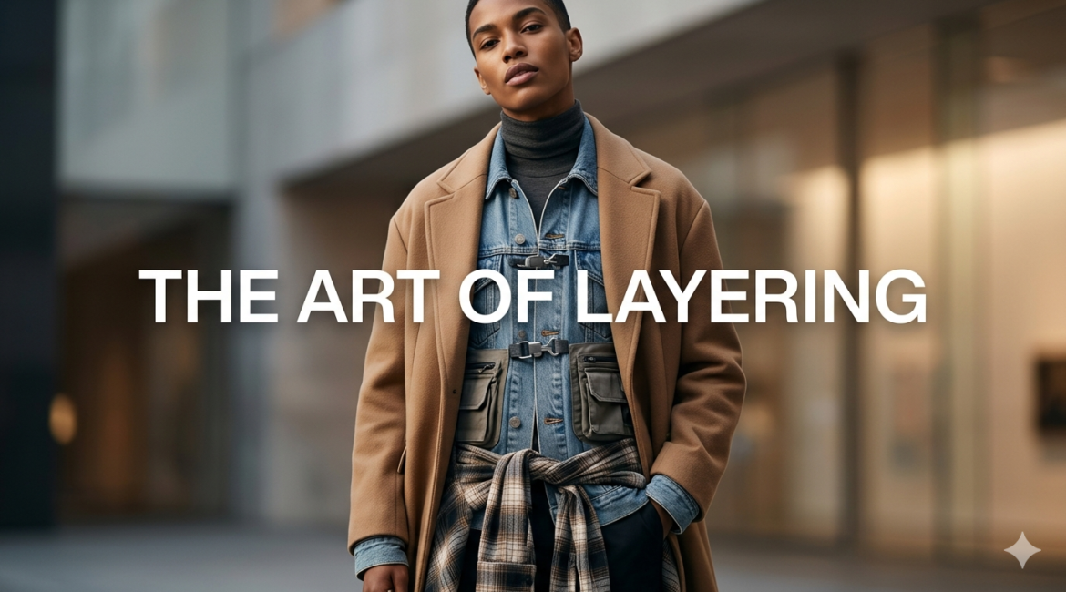 A stylish model wearing multiple layers including a hoodie, denim jacket, and trench coat in a high-fashion 2026 aesthetic.